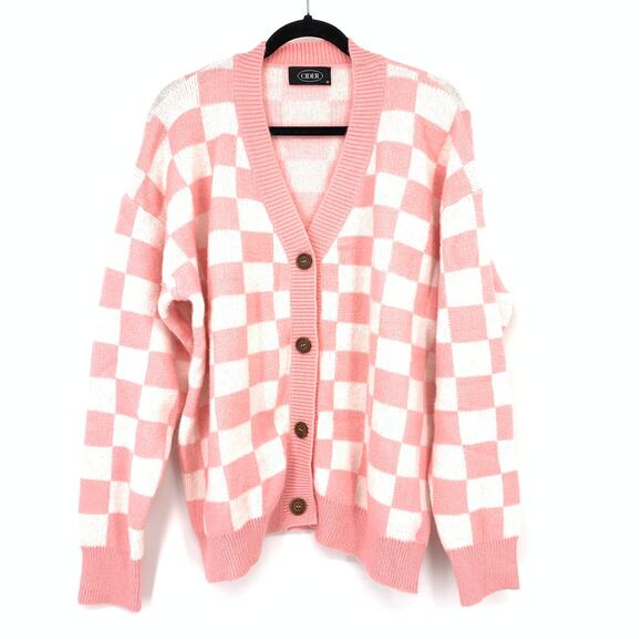 Cider Cardigan Sweater Womens Size Medium Pink White Checkerboard V-Neck - Picture 1 of 5